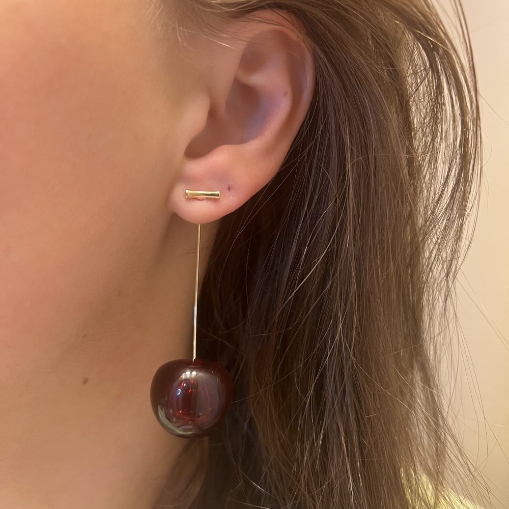 Sweet Dark Red Cherry Fruit Resin Drop Earrings NEW - Picture 5 of 6